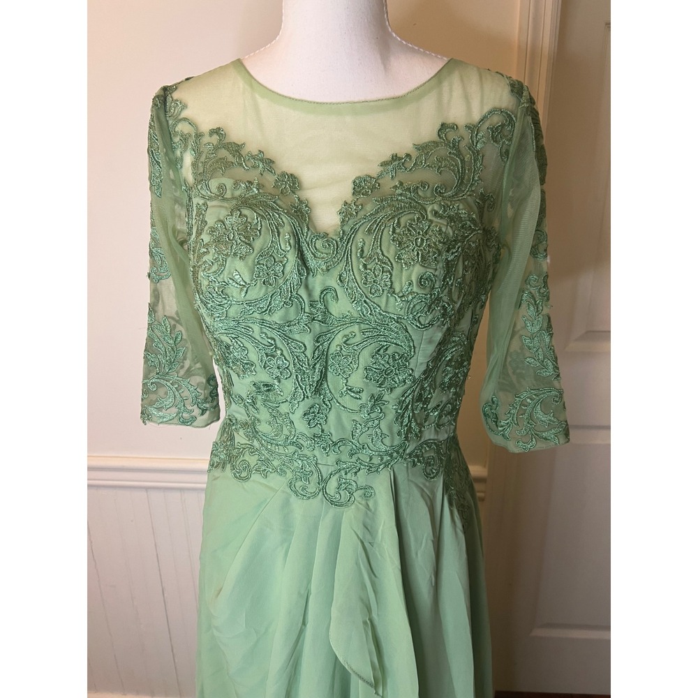 Sage Green Lace Chiffon Formal Gown 3/4 Sleeve Corset Back Evening Dress Size 8
